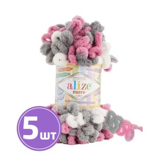 Пряжа ALIZE Puffy color (6070), бело-серо-розовый, 5 шт. по 100 г Пряжа ALIZE Puffy color (6070), бело-серо-розовый, 5 шт. по 100 г