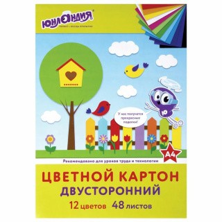 Цветной картон А4, тонированный в массе, 48 листов, 12 цветов, склейка, Юнландия