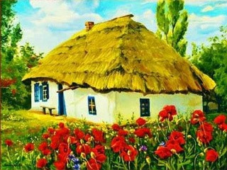 Рисунок на ткани  «Деревенский дом»