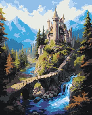 Картина по номерам «Природа: Пейзаж с водопадом, замком и видом на горы»