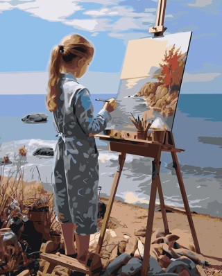 Картина по номерам «Море: Девочка рисует пейзаж на берегу»