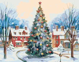 Картина по номерам «Рождество: Нарядная елка в заснеженном городе»