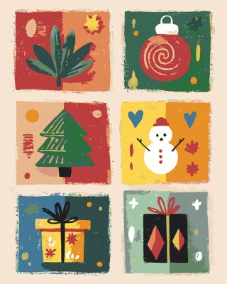 Картина по номерам Новогодняя елка подарки и снеговик арт