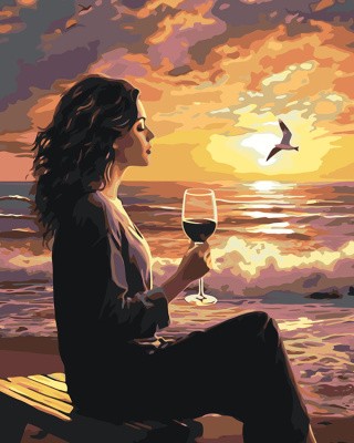 Картина по номерам «Природа: Девушка с бокалом на берегу моря на закате»