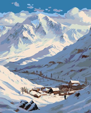 Картина по номерам «Пейзаж зимняя деревня у горы Эльбрус»