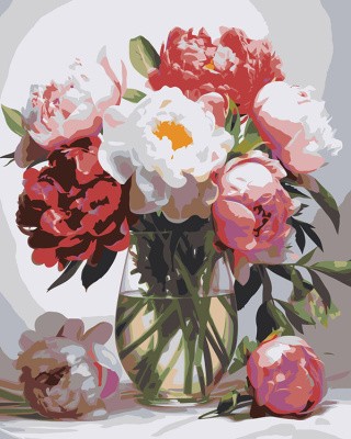 Картина по номерам «Цветы: Разноцветные пионы в стеклянной вазе»