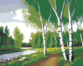Картина по номерам «Природа: Пейзаж с березами у реки»