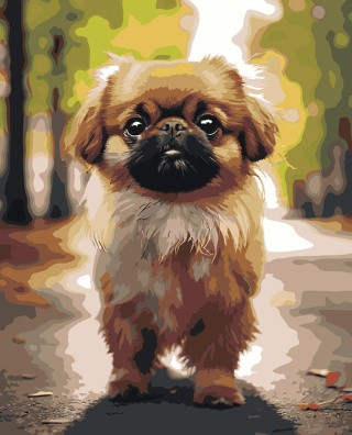 Картина по номерам «Собака Пекинес гуляет по городу 4»
