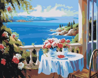 Картина по номерам «Море: Веранда с цветами и видом на залив»