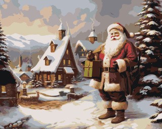 Картина по номерам «Новогодняя: Дед Мороз в зимнем городке»