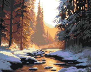 Картина по номерам «Природа: Пейзаж с ручьем в зимнем лесу»