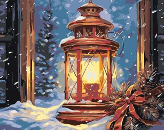 Картина по номерам «Рождество: Праздничный фонарь под снегом»