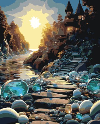 Картина по номерам «Природа: Волшебный пейзаж со сказочным домом и рекой»