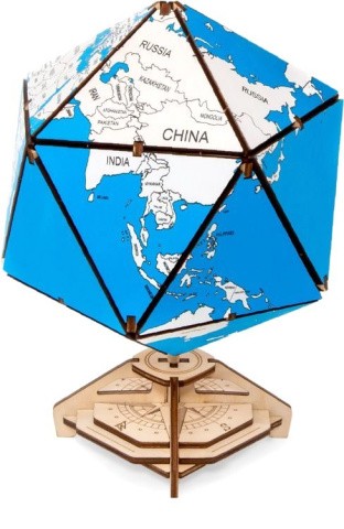 Конструктор деревянный 3D EWA «Глобус Икосаэдр с секретом», (шкатулка, сейф), синий