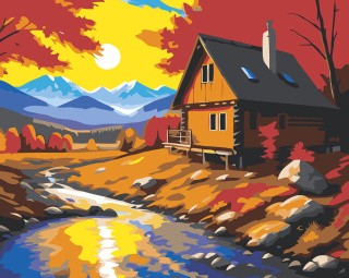 Картина по номерам «Природа: Пейзаж с домиком у ручья в осеннем лесу»