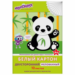 Картон белый А4 мелованный Extra (белый оборот), 10 листов папка, ЮНЛАНДИЯ