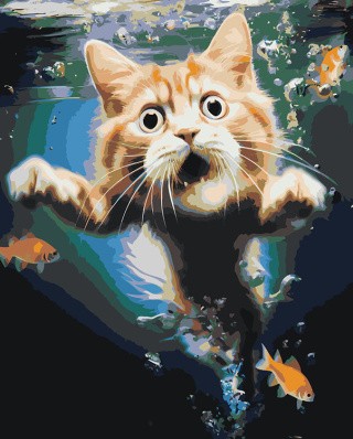 Картина по номерам «Рыжий кот с рыбами под водой 2»