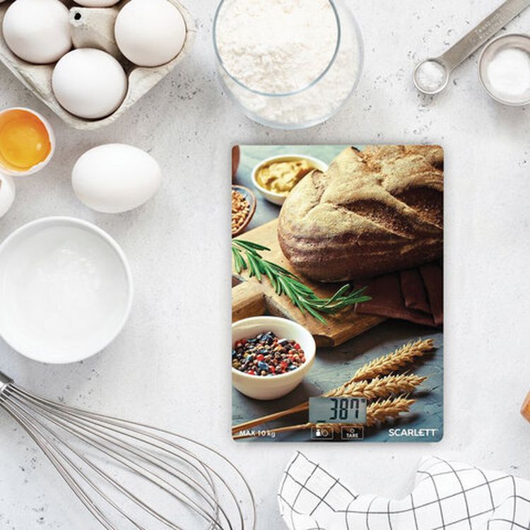 Весы кухонные SCARLETT«Хлеб», электронный дисплей, max вес 10 кг, тарокомпенсация, стекло — картинка 2