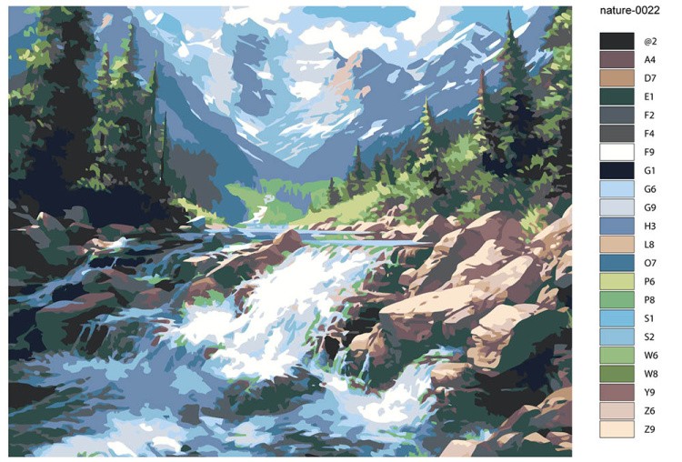 Картина по номерам «Природа: Пейзаж с ручьем возле леса в горах» — картинка 2