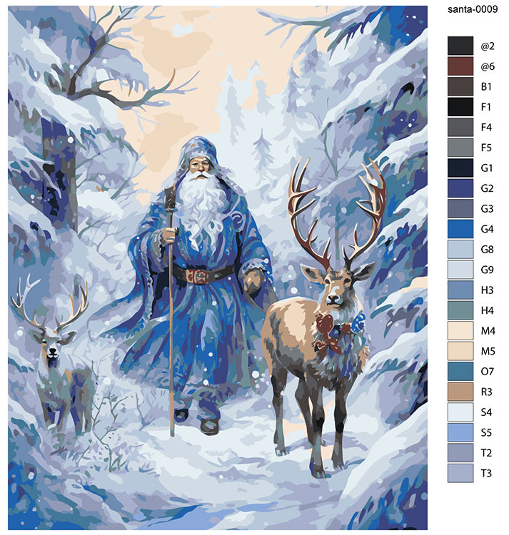 Картина по номерам «Новогодняя: Дед Мороз и олени в зимнем лесу» — картинка 2