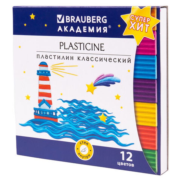 Пластилин классический «Академия хит», 12 цветов, 240 г, со стеком, Brauberg