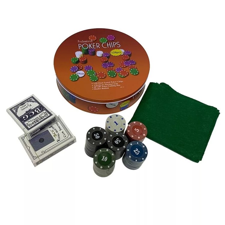 Набор для покера Holdem Light в жестяной коробке, 120 фишек с номиналом+ сукно — картинка 2