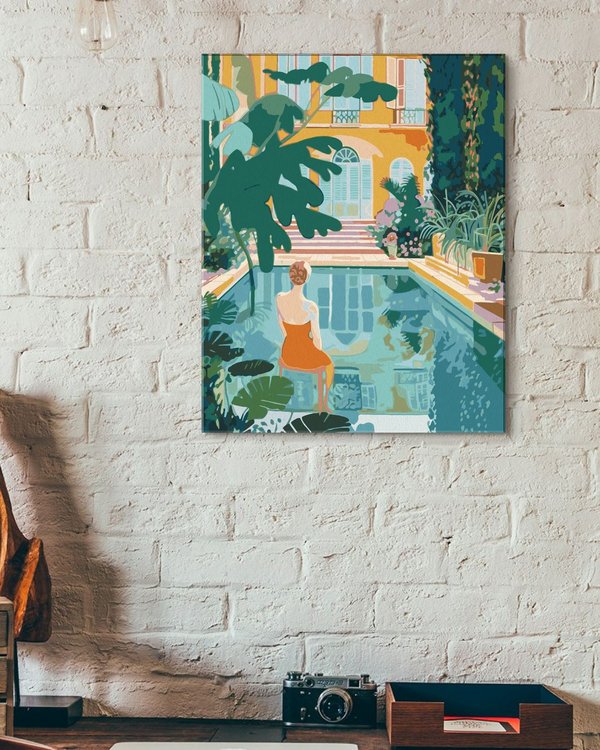 Картина по номерам «Девушка в красном купальнике сидит у бассейна» — картинка 3