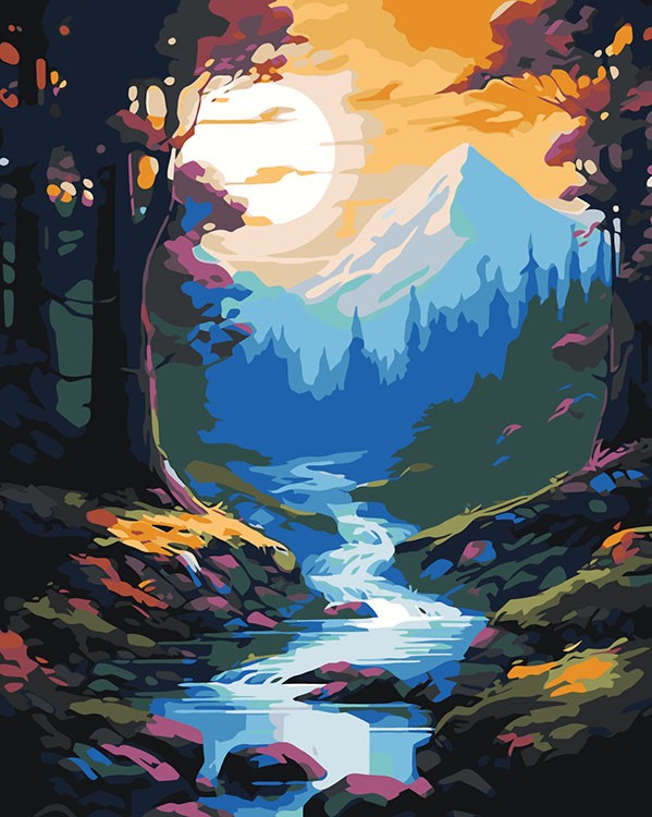Картина по номерам «Природа: Красочный пейзаж с лесным ручьем и горами»