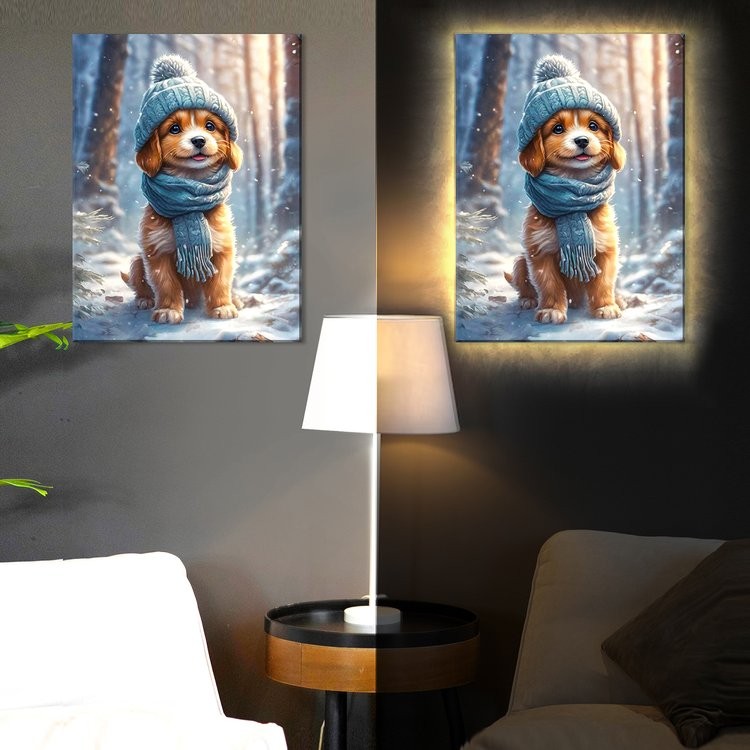Картина по номерам «Щенок на зимней прогулке» LED подсветка — картинка 2
