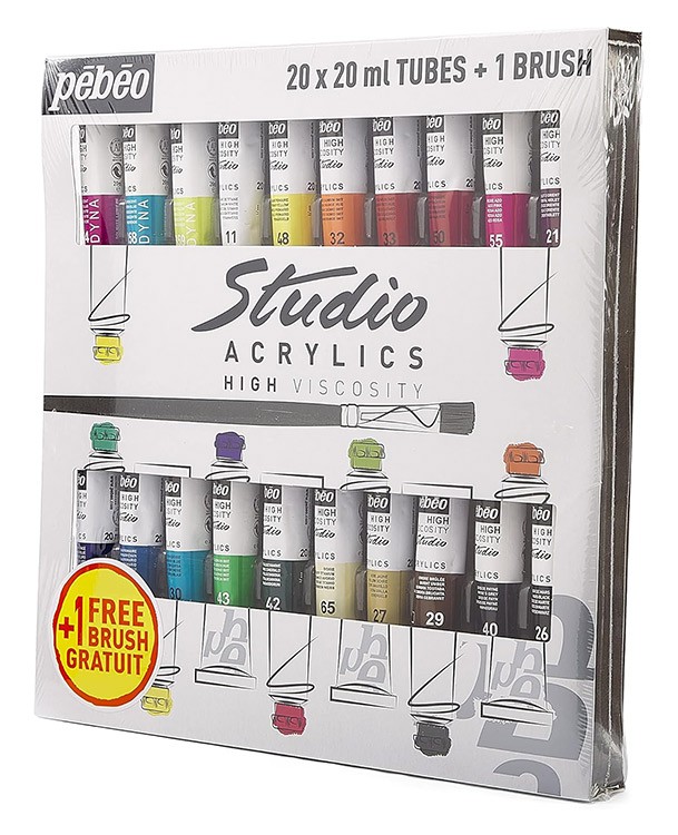 Краски Pebeo акриловые 20 цветов набор Studio Acrylics с кистью 20 мл — картинка 3