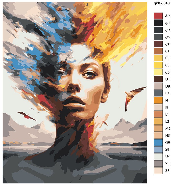 Картина по номерам «Абстрактный портрет девушки с птицами» — картинка 2