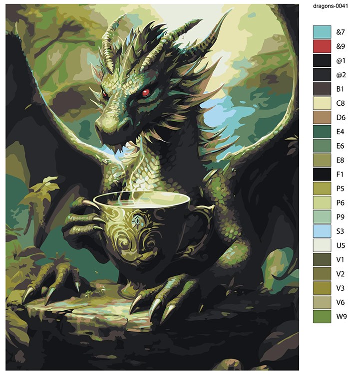 Картина по номерам «Зеленый дракон с чашкой чая» — картинка 2