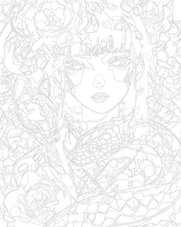 Картина по номерам «Зеленые змеи, девушка аниме и цветы» — картинка 3