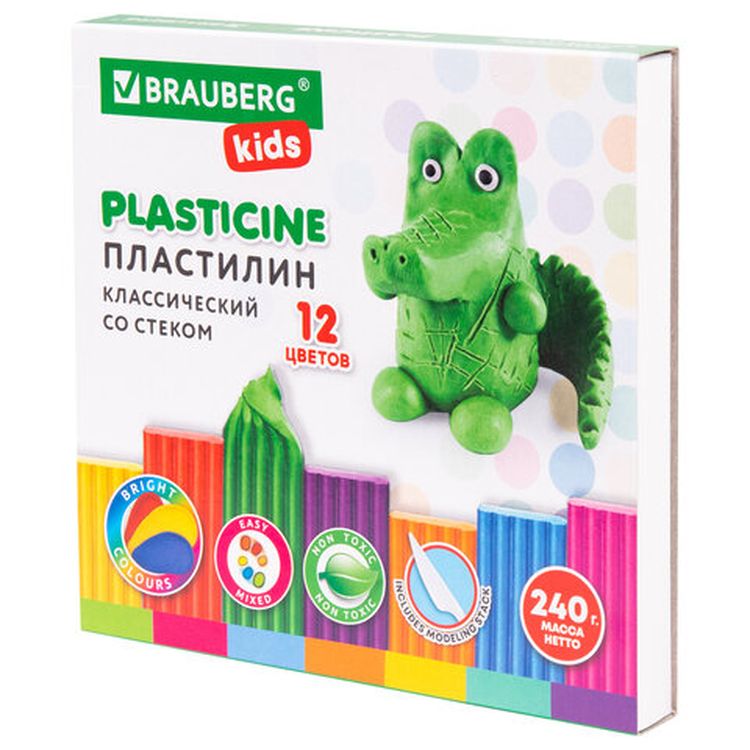 Пластилин классический BRAUBERG «KIDS», 12 цв., 240 г, со стеком