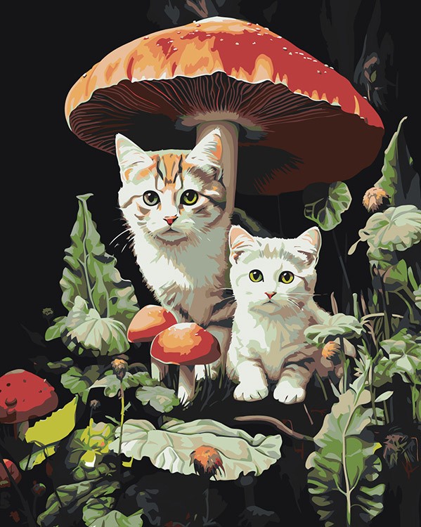 Картина по номерам «Коты в лесу с грибами»
