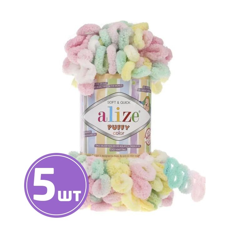 Пряжа ALIZE Puffy color (5862), мятно-розово-желтый, 5 шт. по 100 г