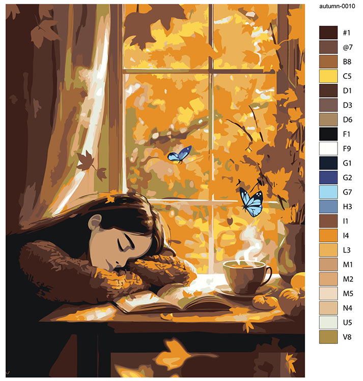 Картина по номерам «Осень: девушка, бабочки и осенний пейзаж» — картинка 2