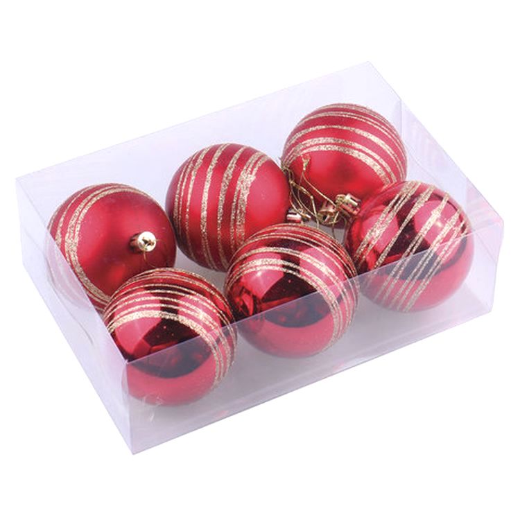 Шары елочные с узором, набор 6 шт., пластик, 8 см, красные (3 глянцевых, 3 матовых) — картинка 4