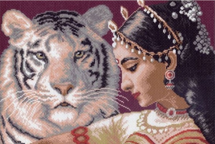 Рисунок на ткани «Девушка и белый тигр»