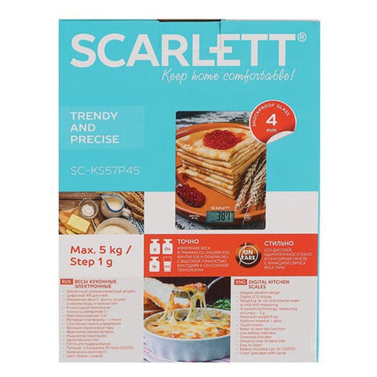 Весы кухонные SCARLETT «Блины», электронный дисплей, max вес 5 кг, тарокомпенсация, стекло — картинка 6