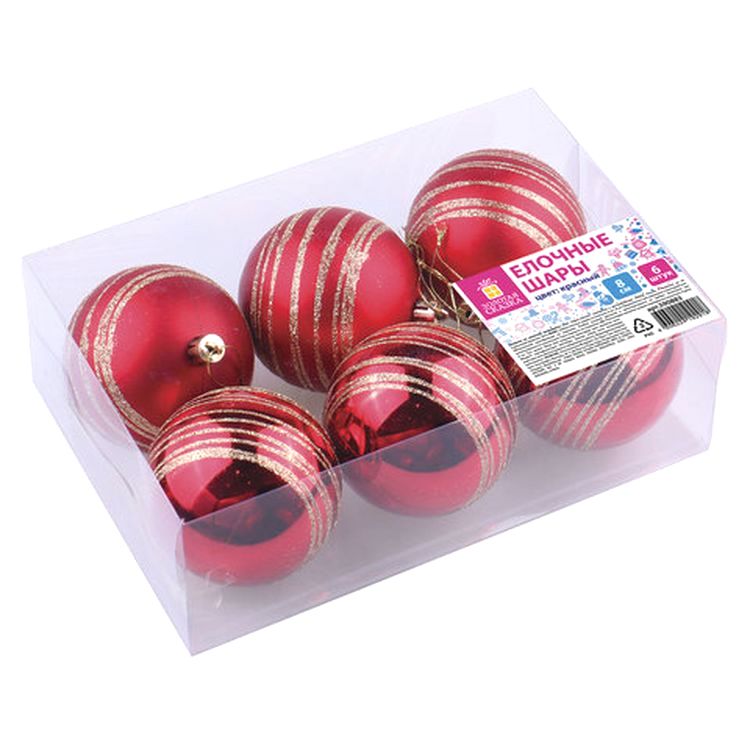 Шары елочные с узором, набор 6 шт., пластик, 8 см, красные (3 глянцевых, 3 матовых) — картинка 5