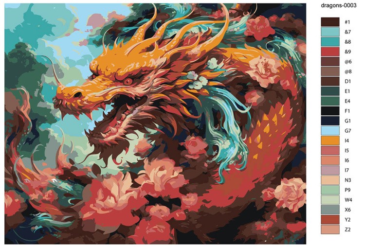 Картина по номерам «Восточный дракон в цветах» — картинка 2