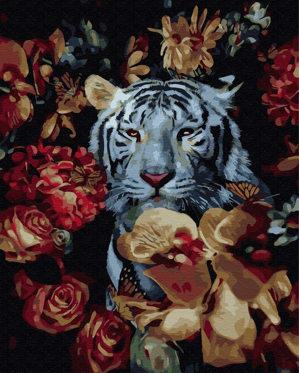 Картина по номерам «Белый тигр в цветах»