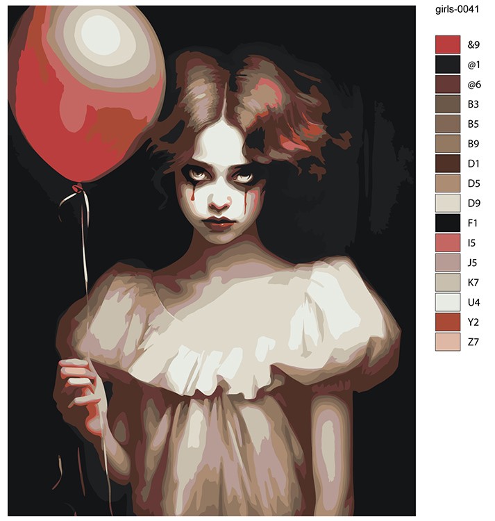 Картина по номерам «Девушка в образе Пеннивайза с шариком» — картинка 2