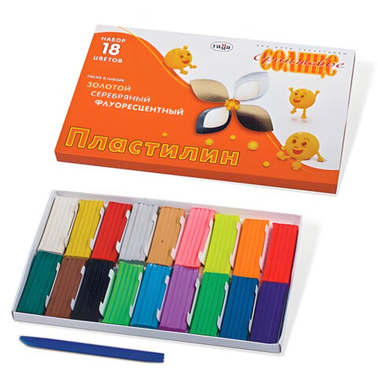 Пластилин классический Gamma «Оранжевое солнце», 18 цветов, стандартные+золотой+серебряный+флуоресцентный, 220 г, стек — картинка 2
