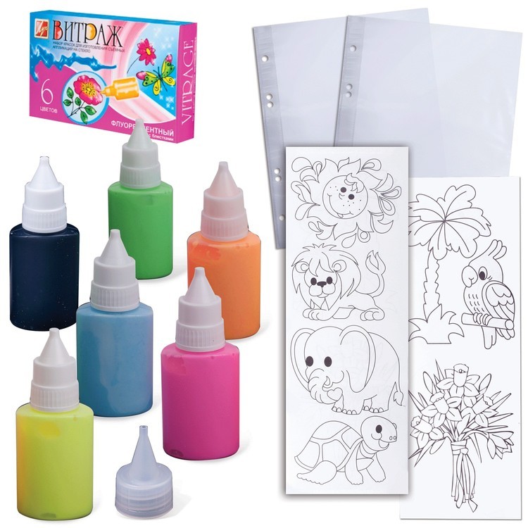 Набор красок «Витраж» с блестками, 6 шт., флюоресцентные — картинка 4