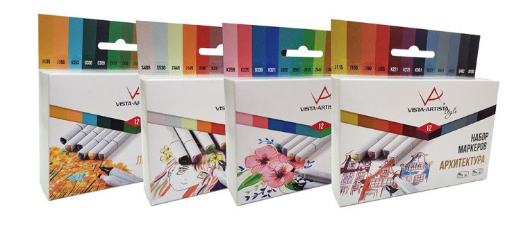 Набор маркеров на спиртовой основе, 0.7 мм - 7 мм, 12 цв., перо круглое/скошенное, Манга (Яркие тона), VISTA-ARTISTA — картинка 2