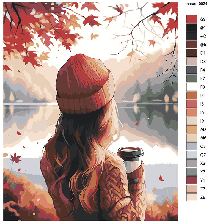 Картина по номерам «Природа: Девушка с кофе возле осеннего озера» — картинка 2