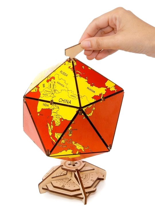 Конструктор деревянный 3D EWA «Глобус Икосаэдр с секретом», (шкатулка, сейф), красный — картинка 4