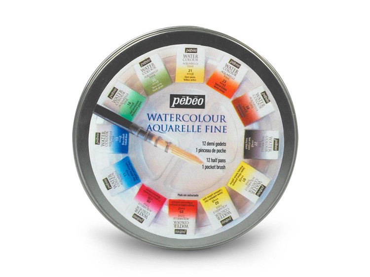 Краски Pebeo акварель 12 цветов набор Aquarelle Fine в металлической коробке с кистью — картинка 3